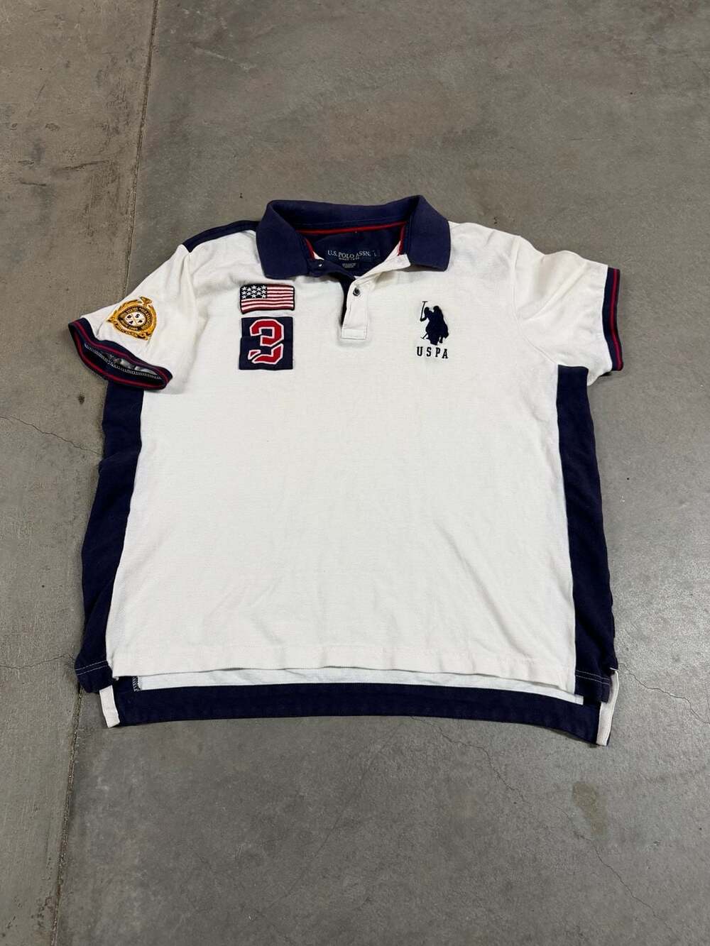 Y2K U.S. Polo Assn. Men's White/Navy Blue Polo Shirt Size L